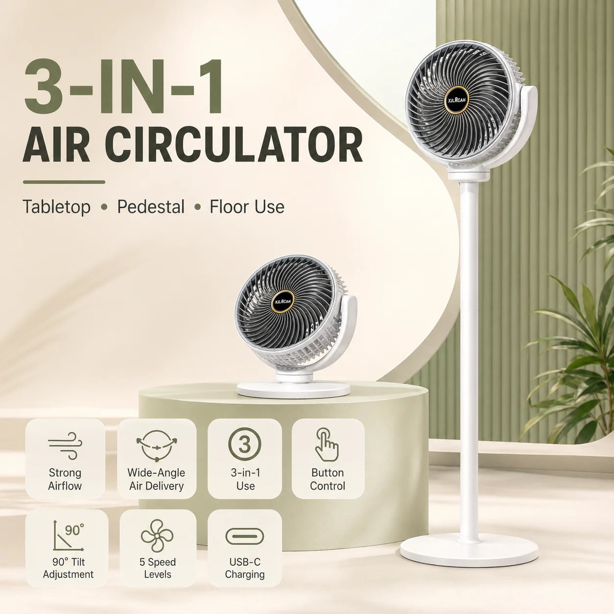 lightweight portable standing room fan being moved via integrated rear handle