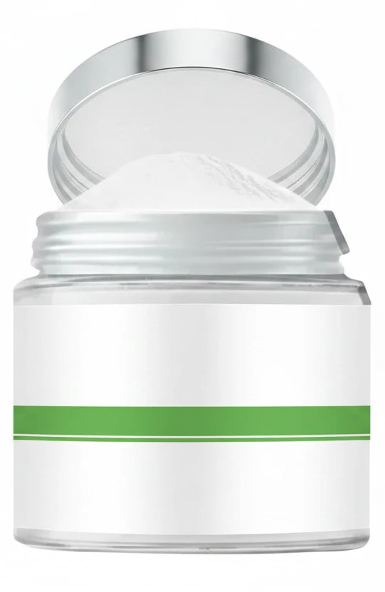 Jar of whitening powder on white background
