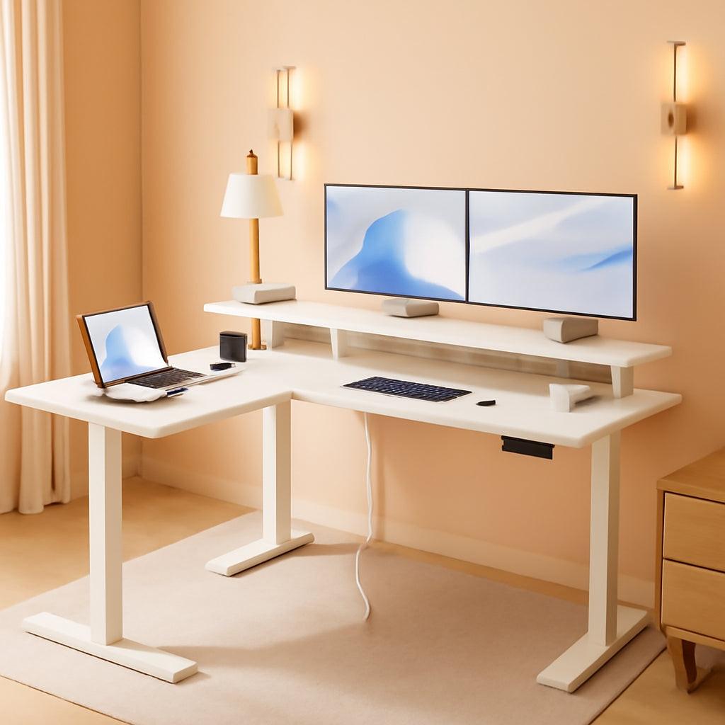 L-shaped electric standing desk in black motorized height adjustable corner desk