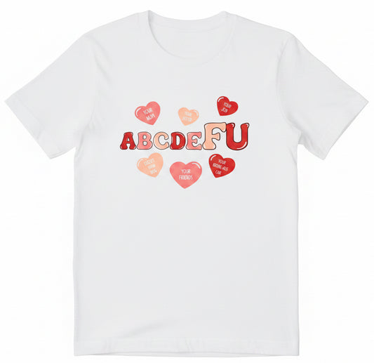 close up of premium screen printed slogan text and graphic hearts