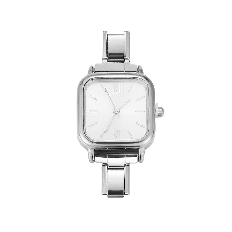 minimalist polished silver steel square watch header charm packaging display box