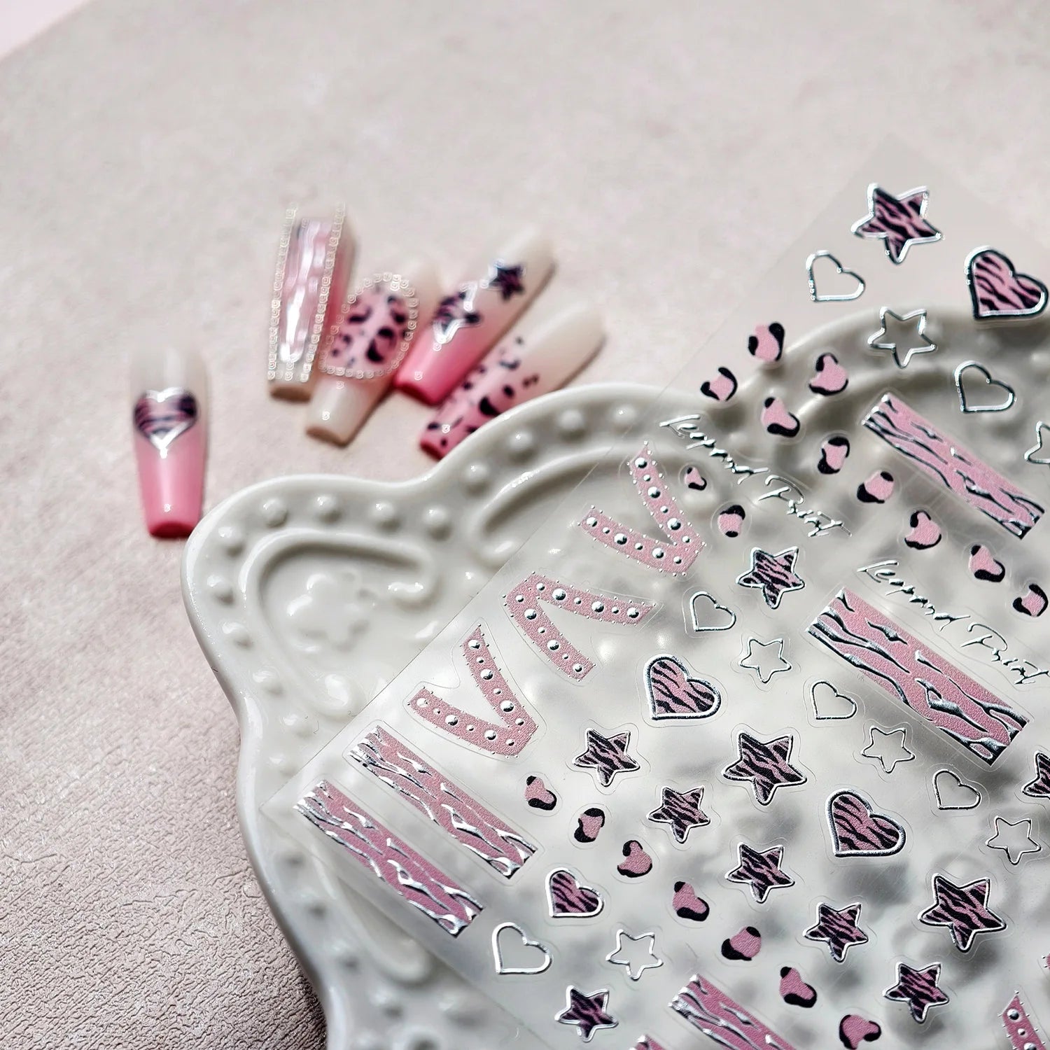 laser silver star love heart manicure decals sheet