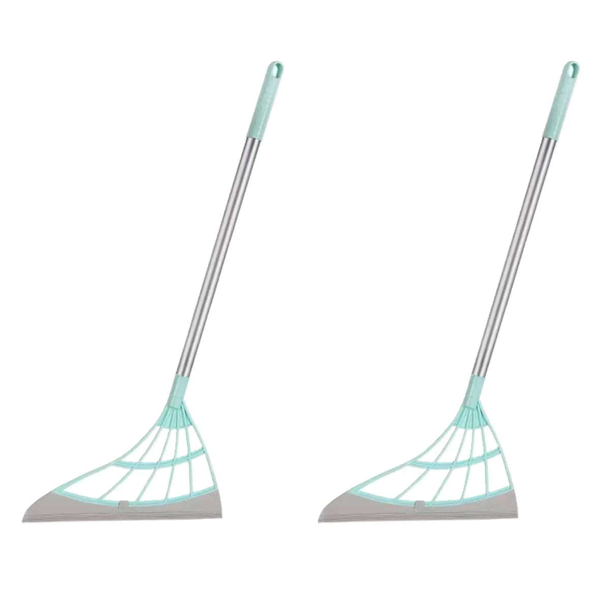 Two garden rakes with light blue handles and gray heads on a white background
