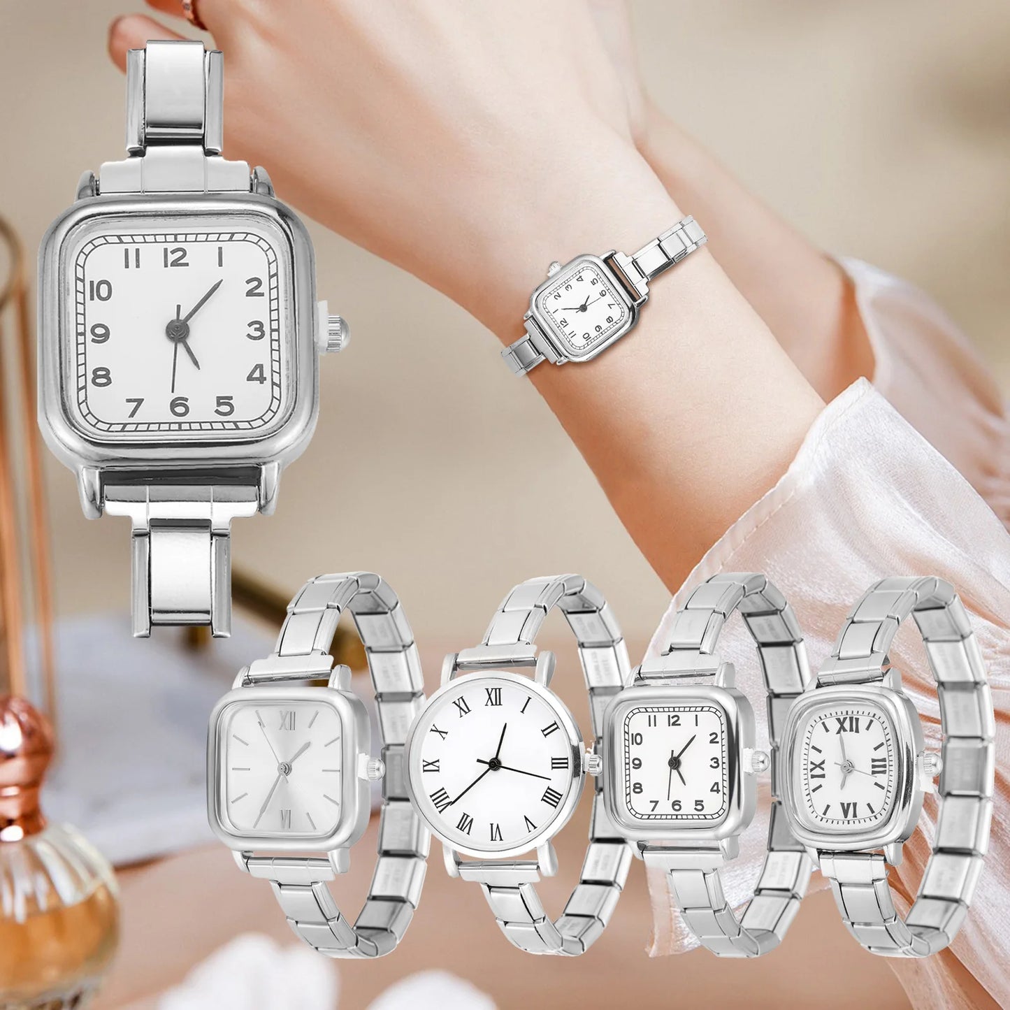 stainless steel watch header linker 9mm width Italian elastic charm face silver