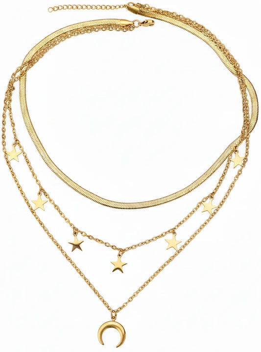 tarnish free gold tone steel layered necklace layout separate studio presentation