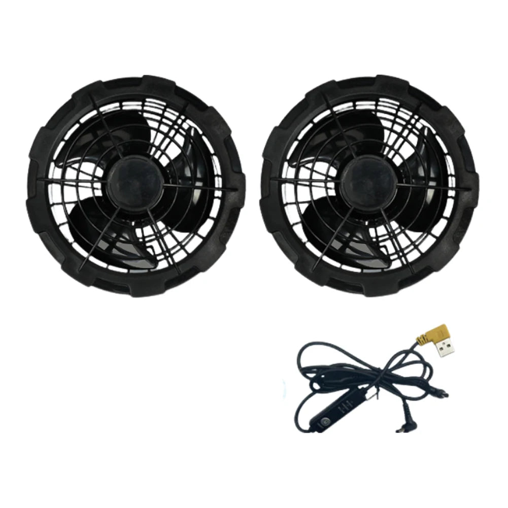 Two black fans with a USB cable on a white background