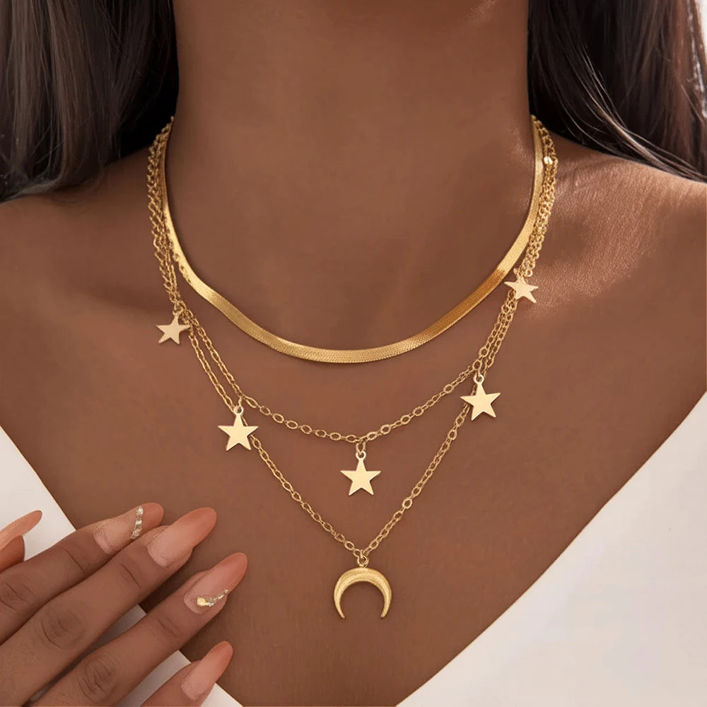 stainless steel star moon pendant flat snake chain layered necklace gold tone
