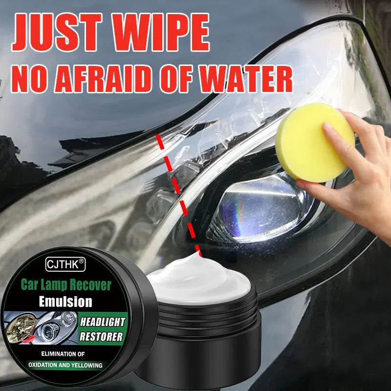 before and after view of yellowed cloudy headlight clearing up to glossy plastic