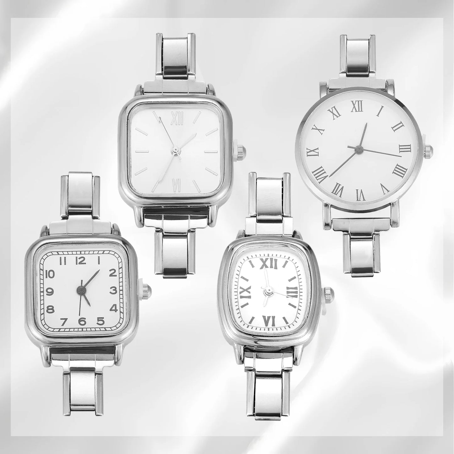 square analog watch head module showing minimalist white dial markings layout