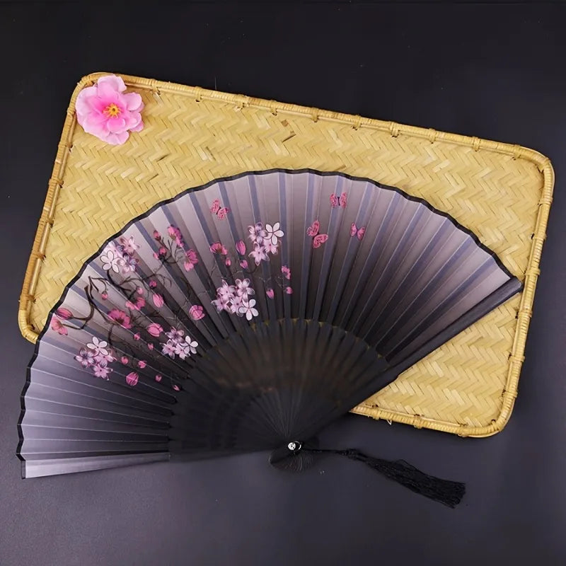 cherry blossom fabric hand fan with tassel