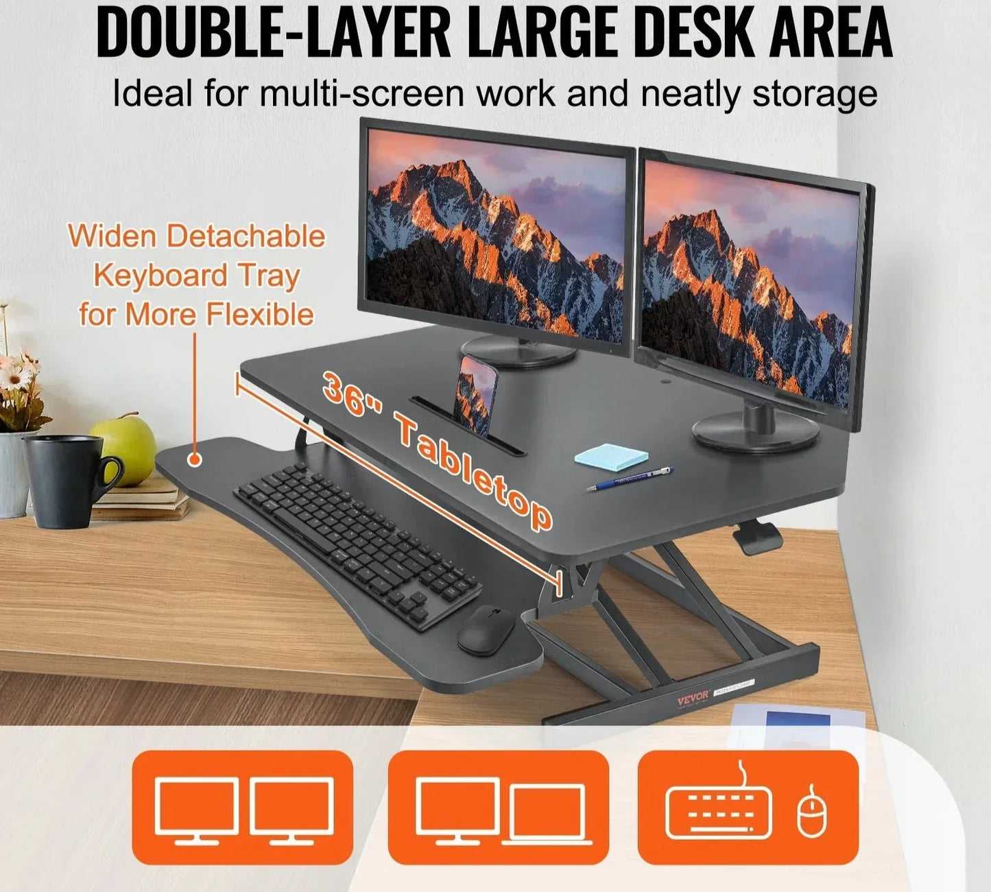 Premium heavy duty dual tier desk riser with a spacious keyboard tray layout.