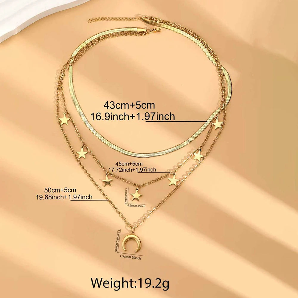 delicate steel crescent moon face and star charm dangles on fine jewelry chain