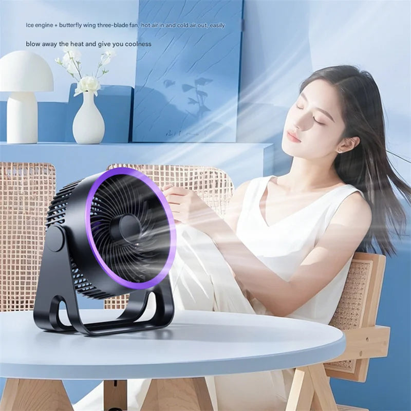 portable usb charging fan showing dual rotation tracks and minimalist grill