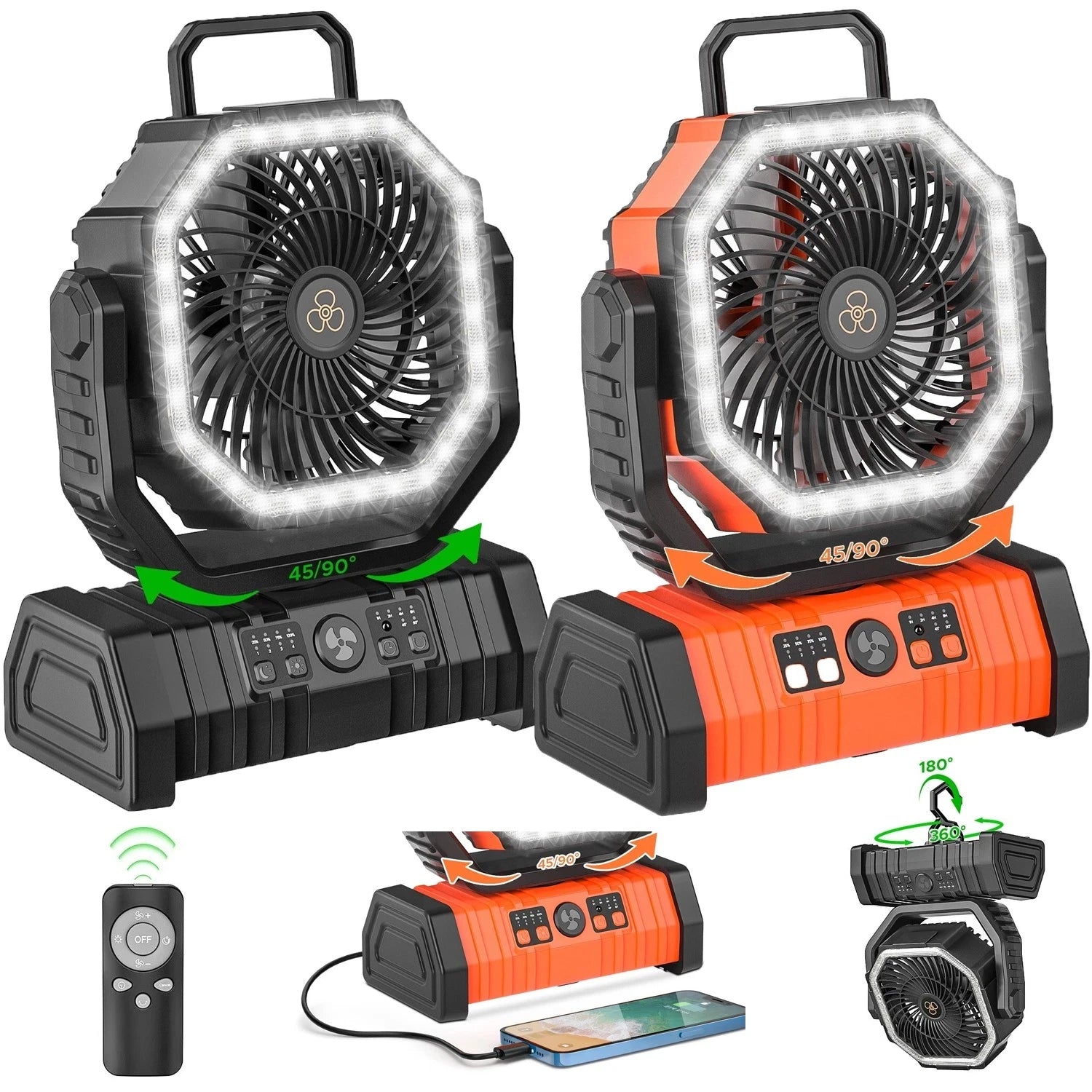 high capacity rechargeable camping fan with led light