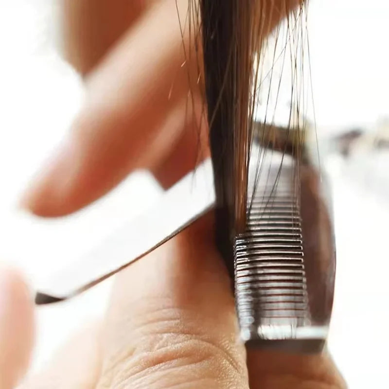 hair thinning shears showing detailed micro serrated teeth columns for bulk reduction