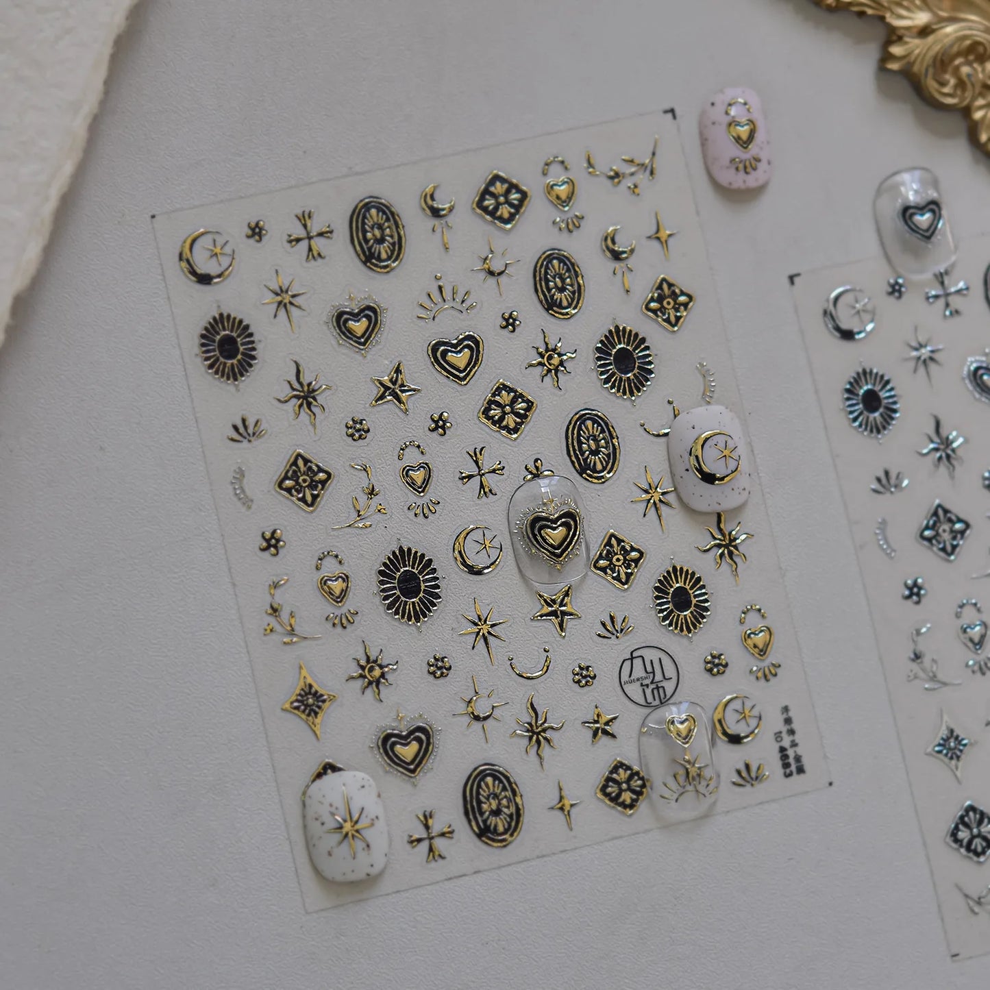 complete sheet contents of pink and silver nail art decals