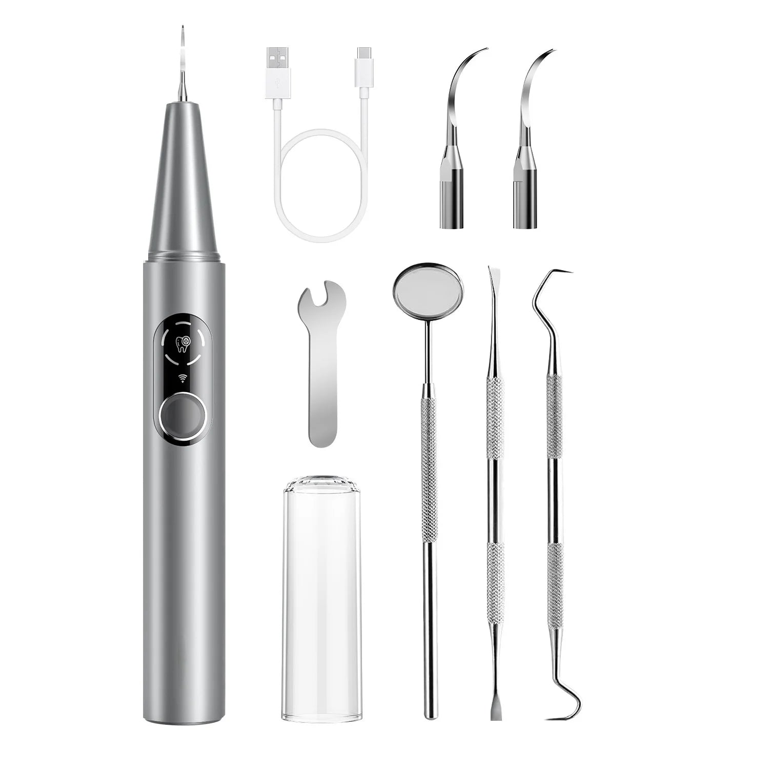 close up of ergonomic dental tartar scraper wand handle with control button