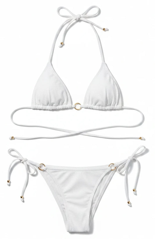 trendy minimal aesthetic two piece luxury swimsuit hanging on a studio display