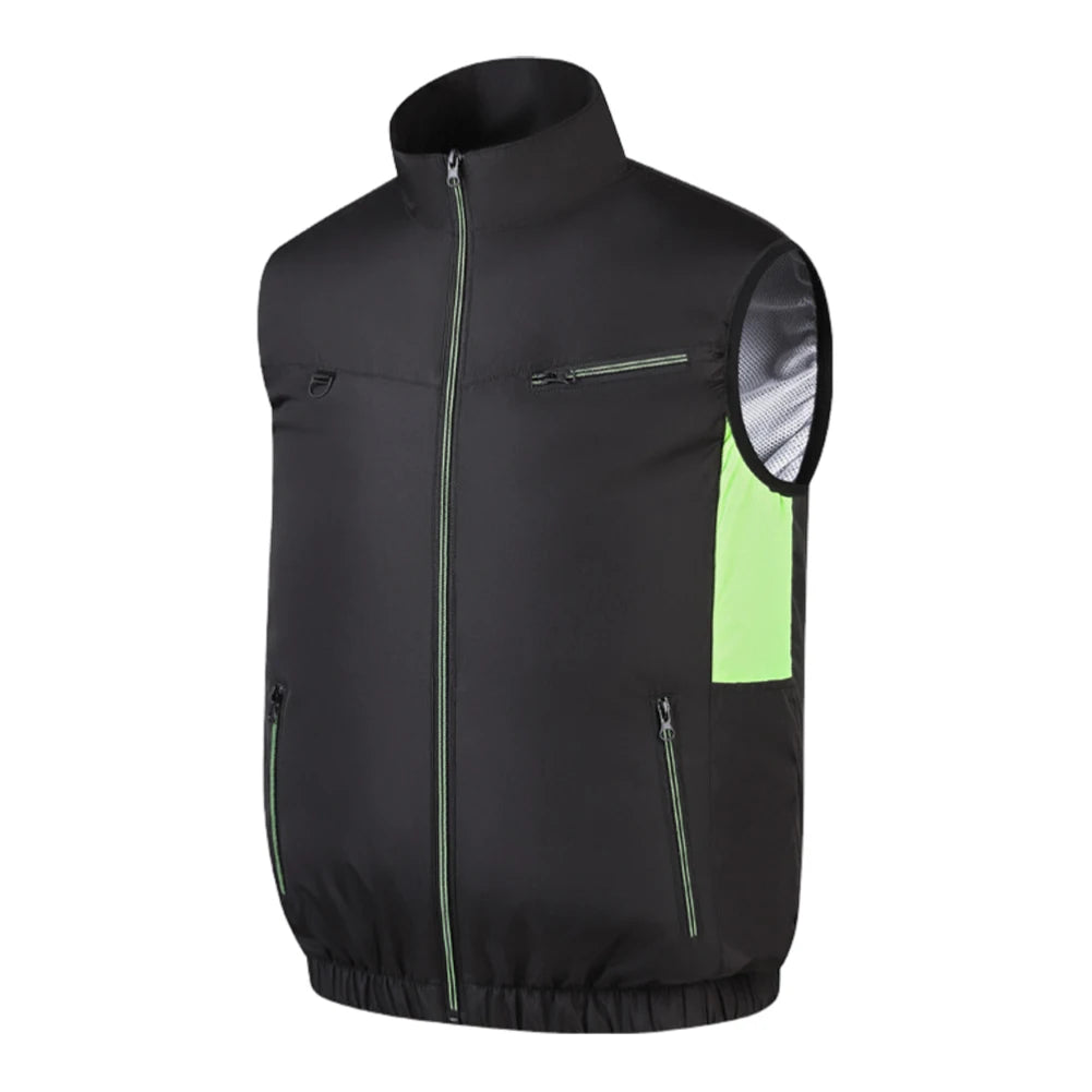 Black vest with a green zipper and reflective panel on a white background