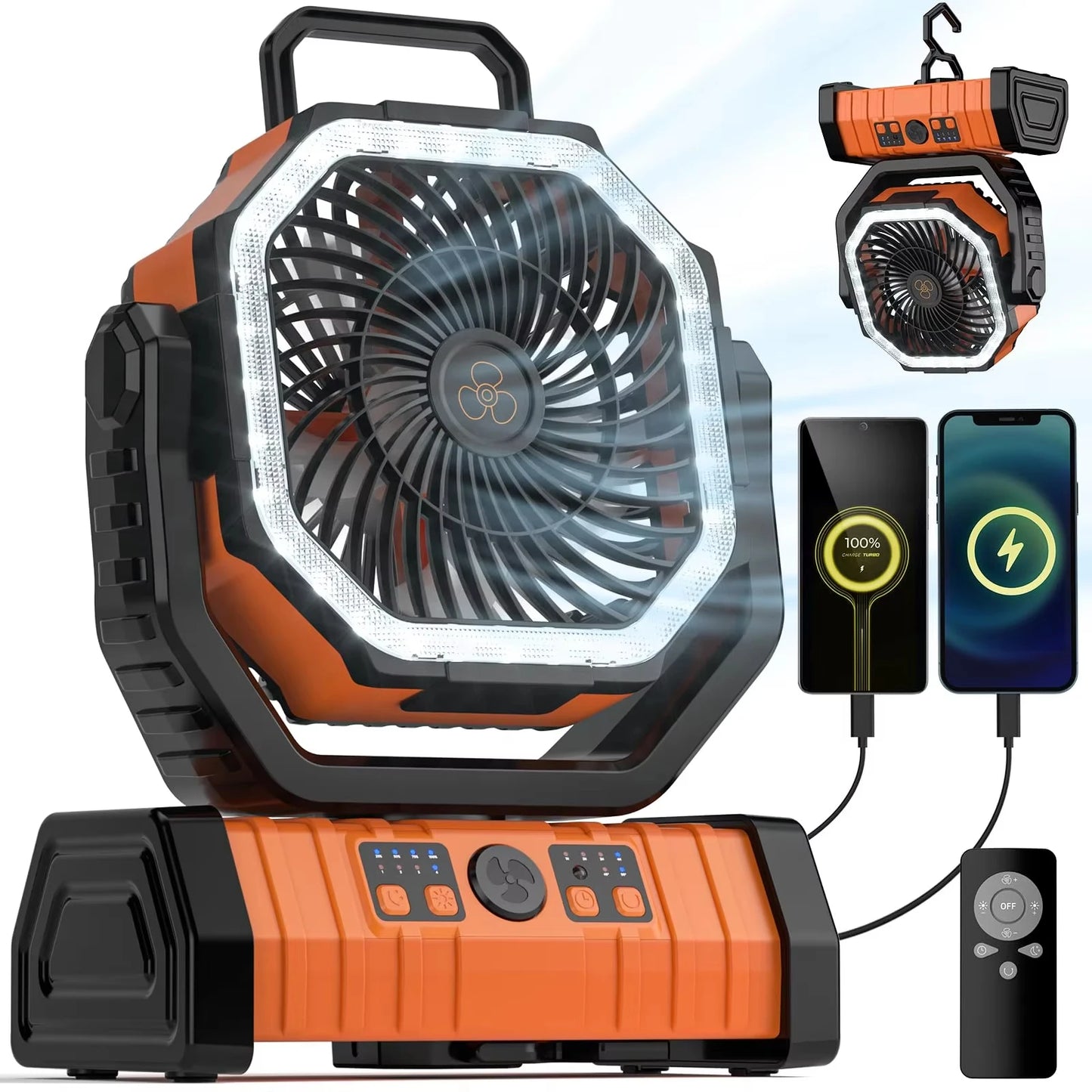 complete camping fan kit showing charging cable