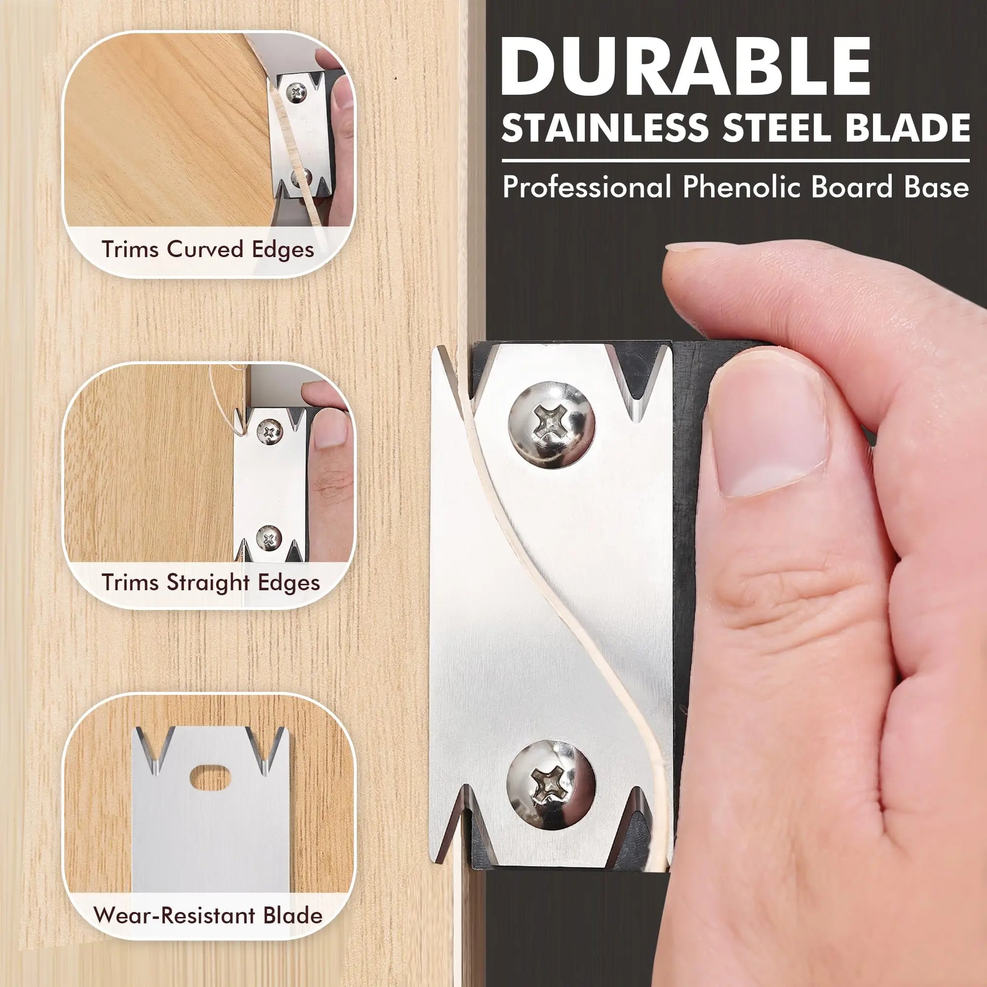 hand tool shaving down the sharp corner edge of a natural oak timber board panel