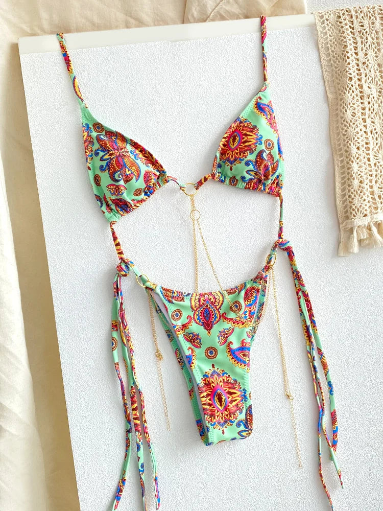 High quality women's string swimwear showcasing durable metal loops and tie straps.