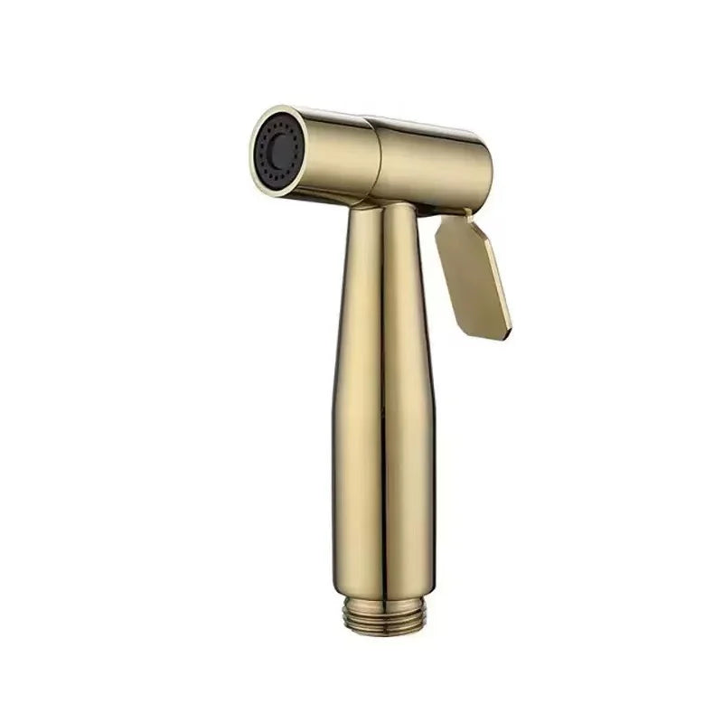 Gold-colored handheld shower head on a white background