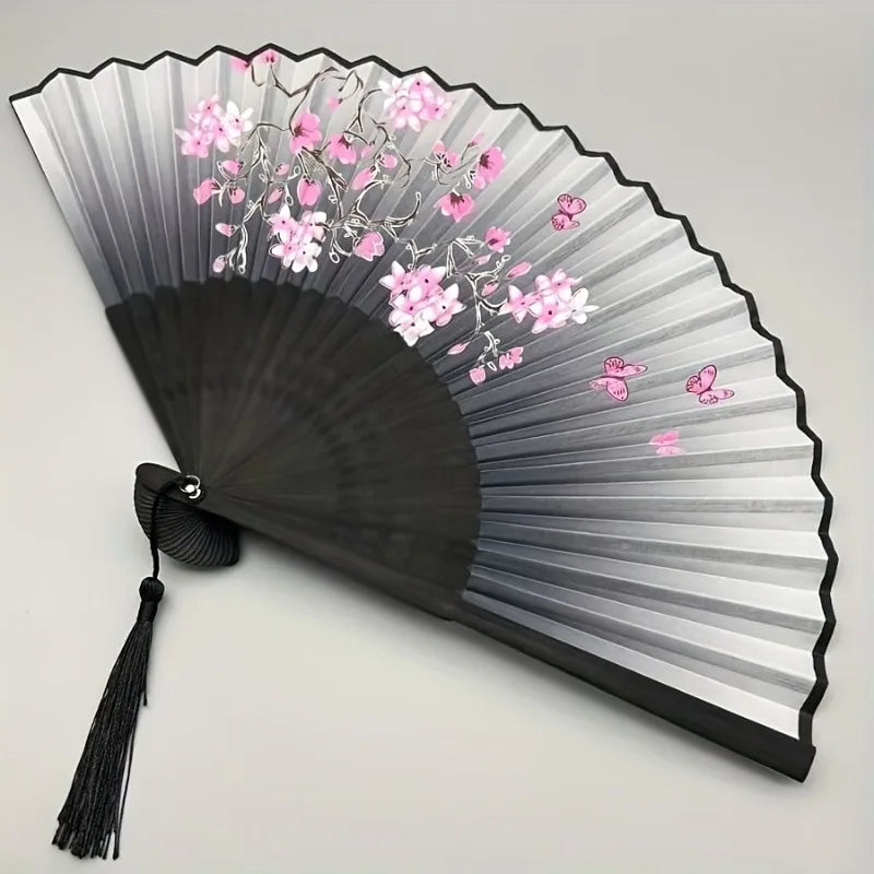 vintage floral cherry blossom hand fan open