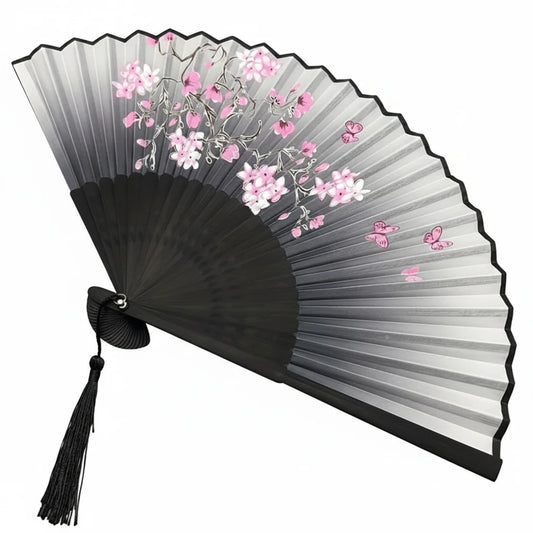 vintage floral cherry blossom hand fan open