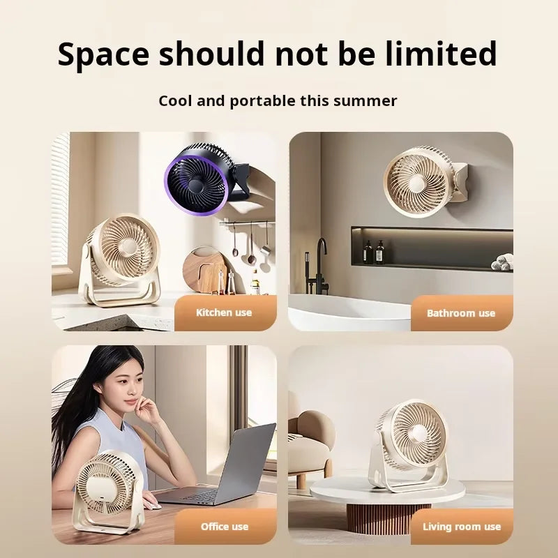 compact cordless travel fan being used inside an outdoor camping tent setup