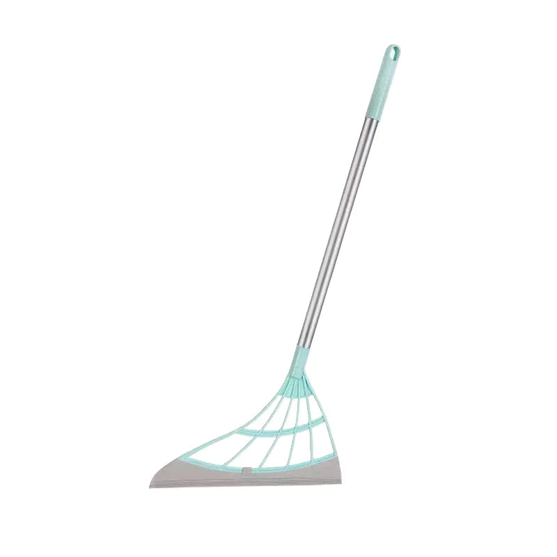 Garden rake with a light blue handle and head on a white background