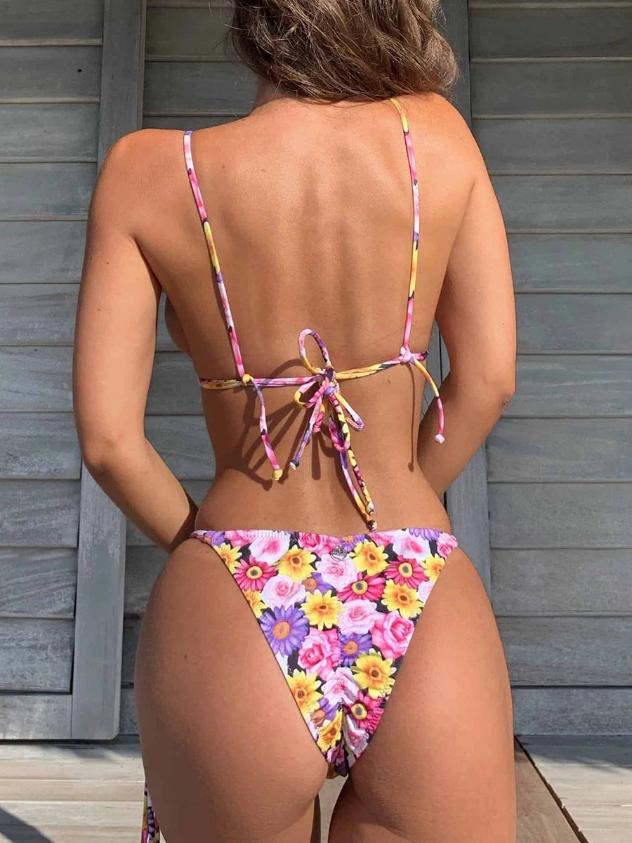High quality women's cheeky swimwear showcasing durable matching tie strings and lining.