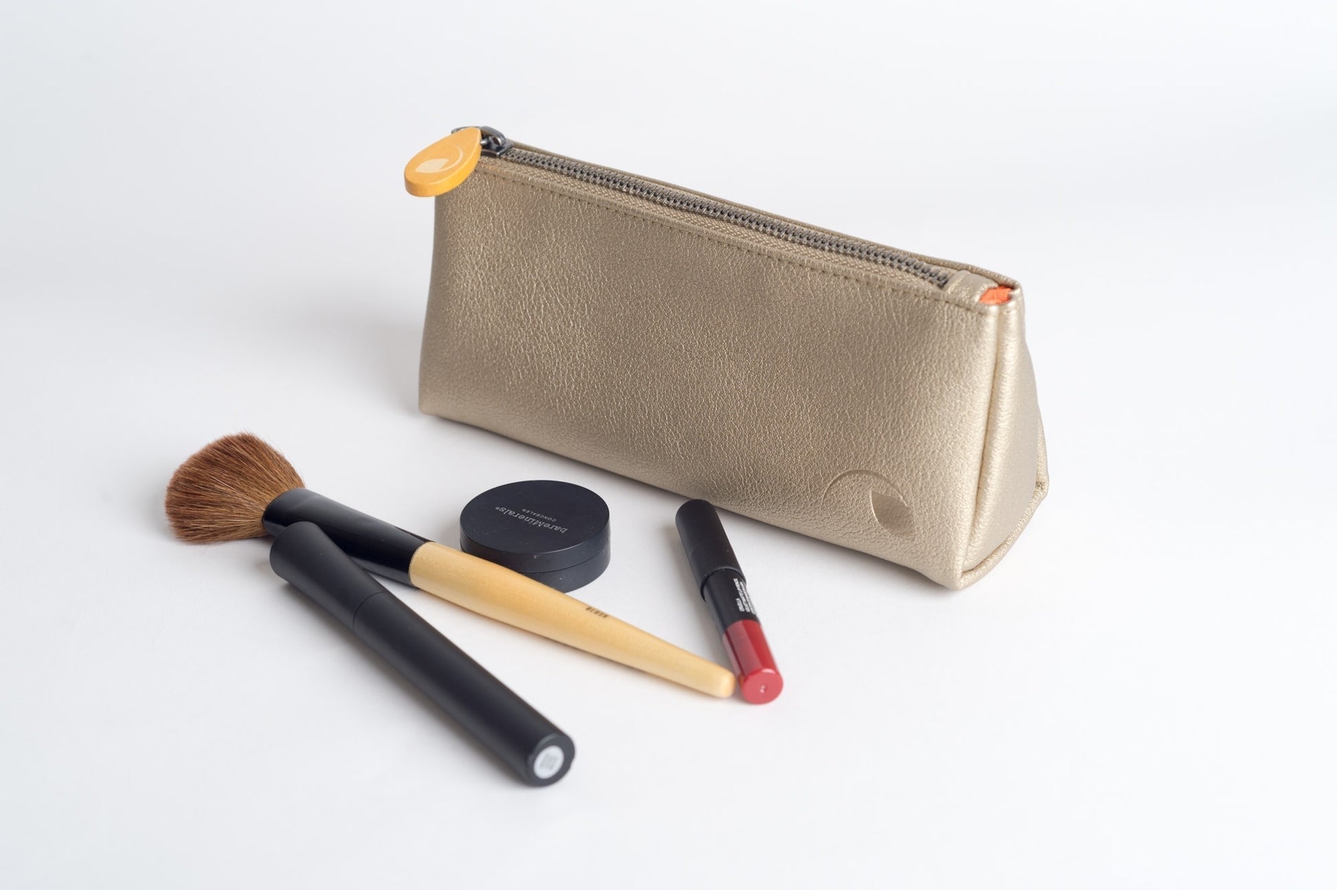 premium hand stitched union fabric makeup organizer pouch on bathroom counter