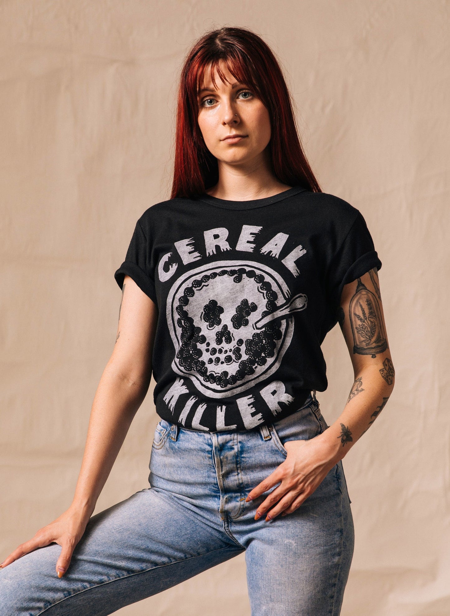funny slogan graphic t-shirt with premium cereal killer text print