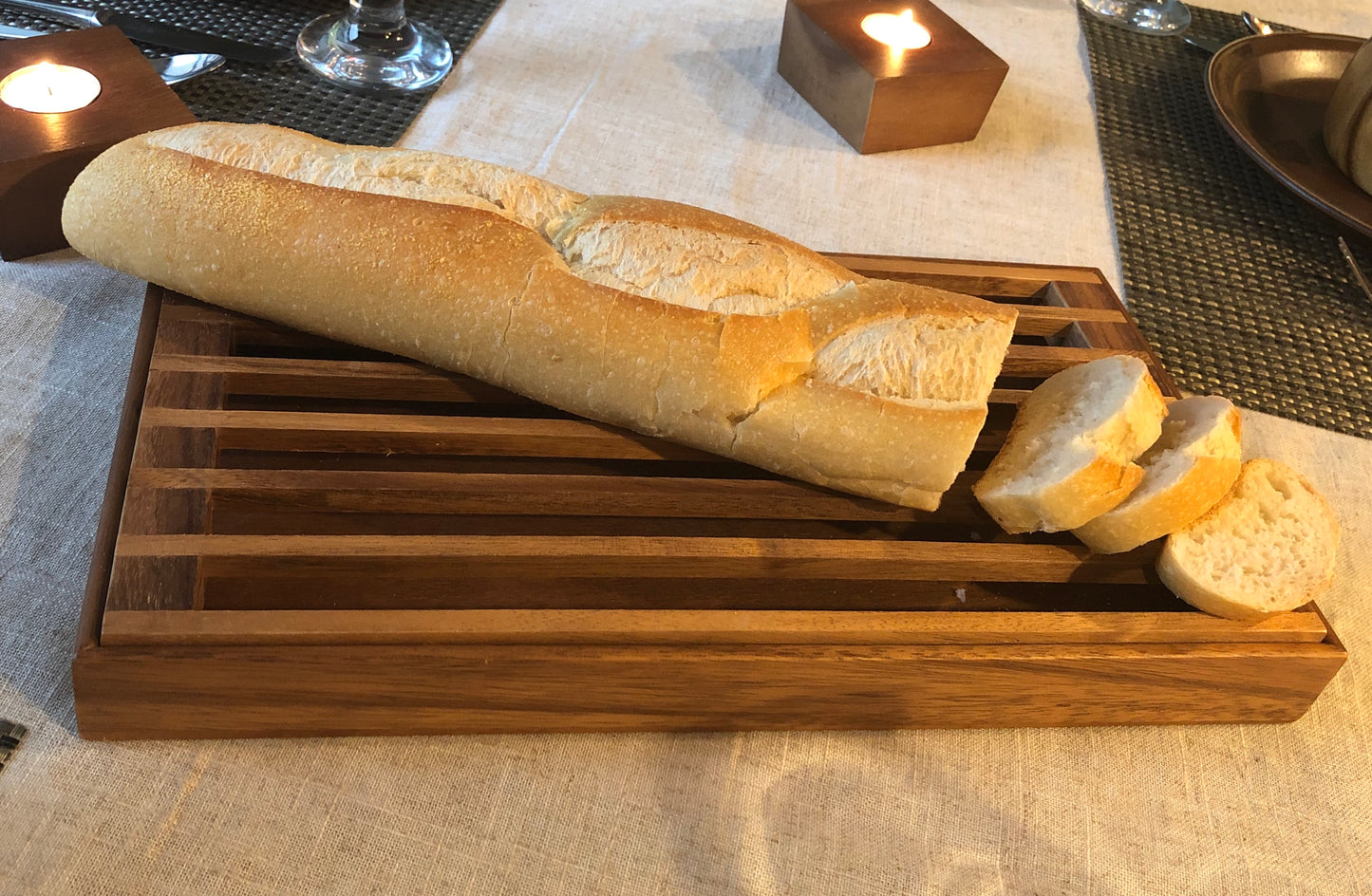 removable slatted wood crumb collector board for clean kitchen counter tops