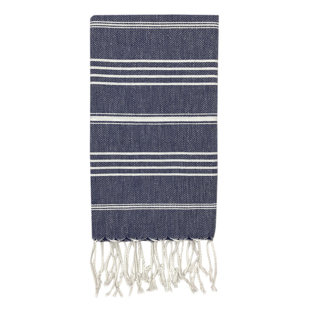 lightweight flat weave Turkish hand linen displaying detailed trim work cobalt
